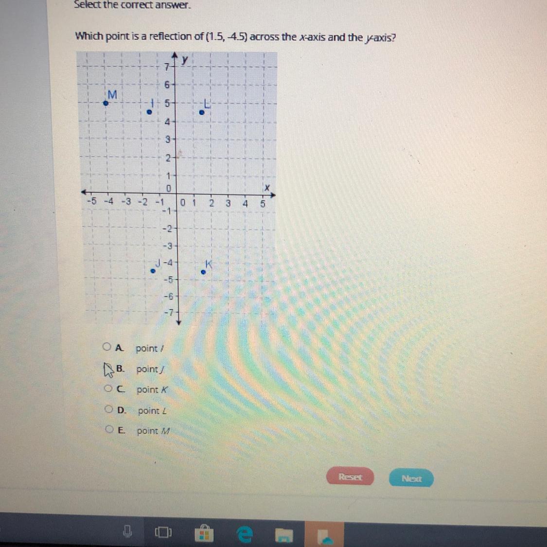 Select the correct answerWhich point is a reflection of (1545) across the x-axis and the ads?1point /1