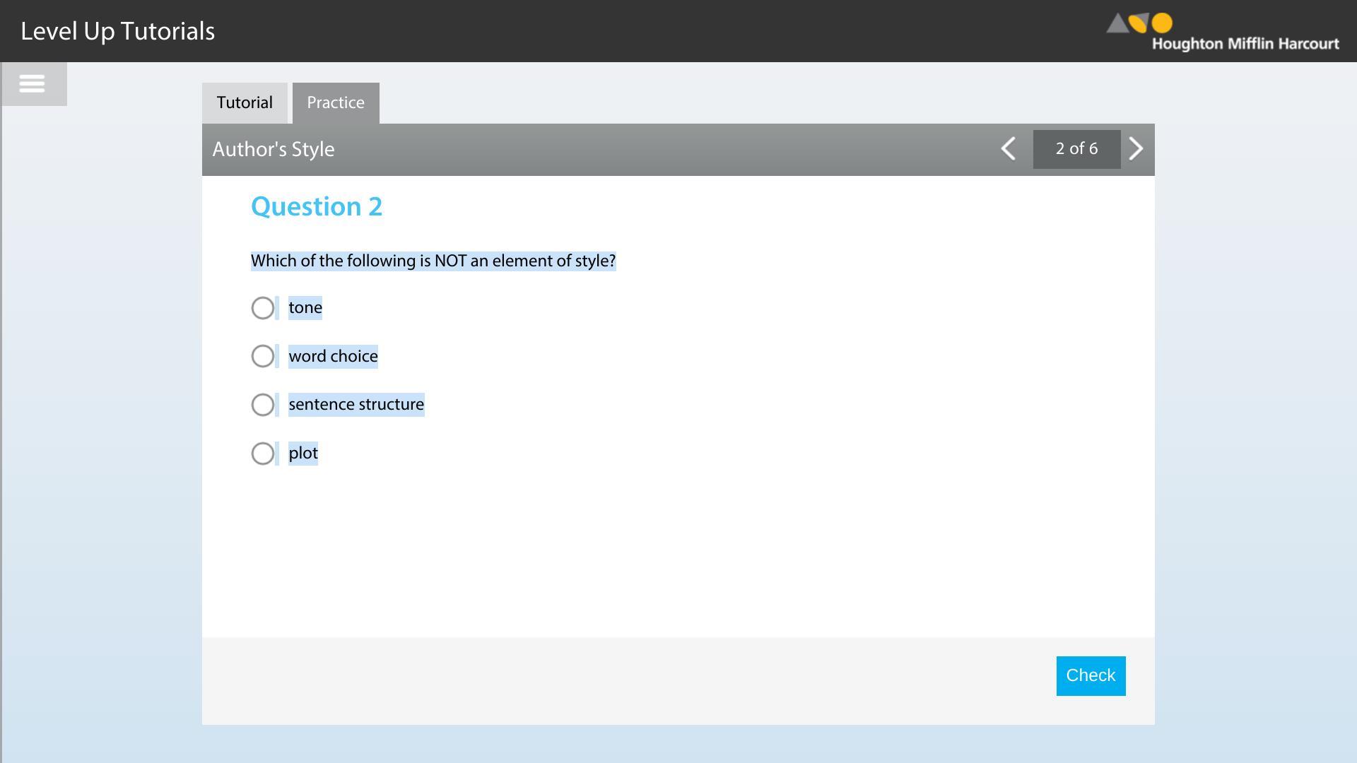 Which of the following is NOT an element of style? A.tone B.word choice C.sentence structure D.plot