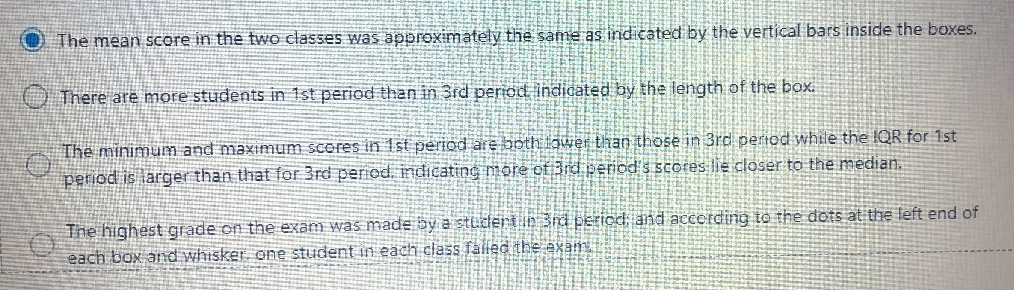 Mr Davis has displayed data using box and whisker plots representing the scores on the first exam in