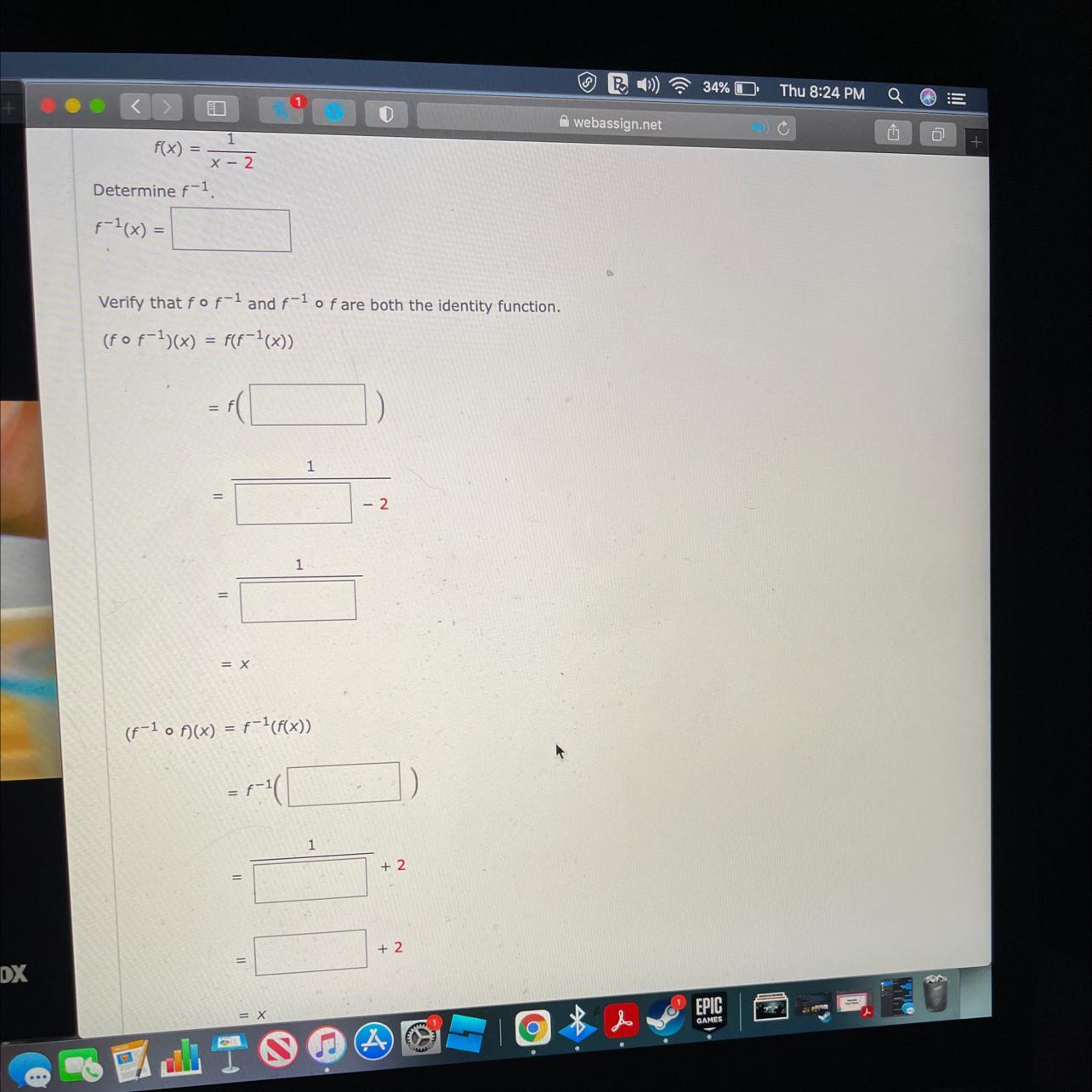 I need to verify the identities of two functions and find the inverse of a one-to-one function