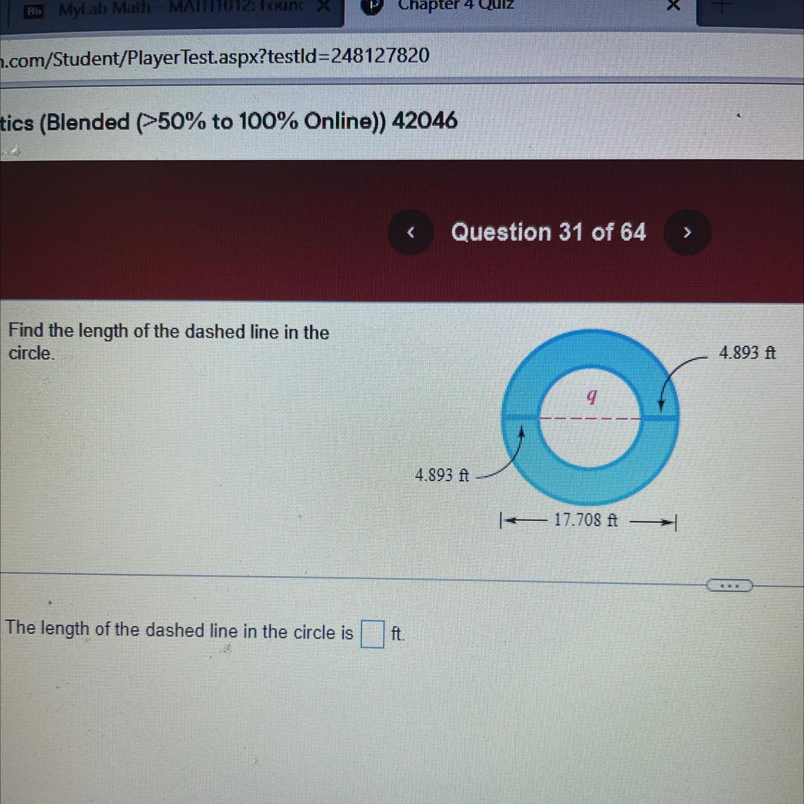Find the length of the dashed line in thecircle.The length of the dashed line in the circle isft.4.893