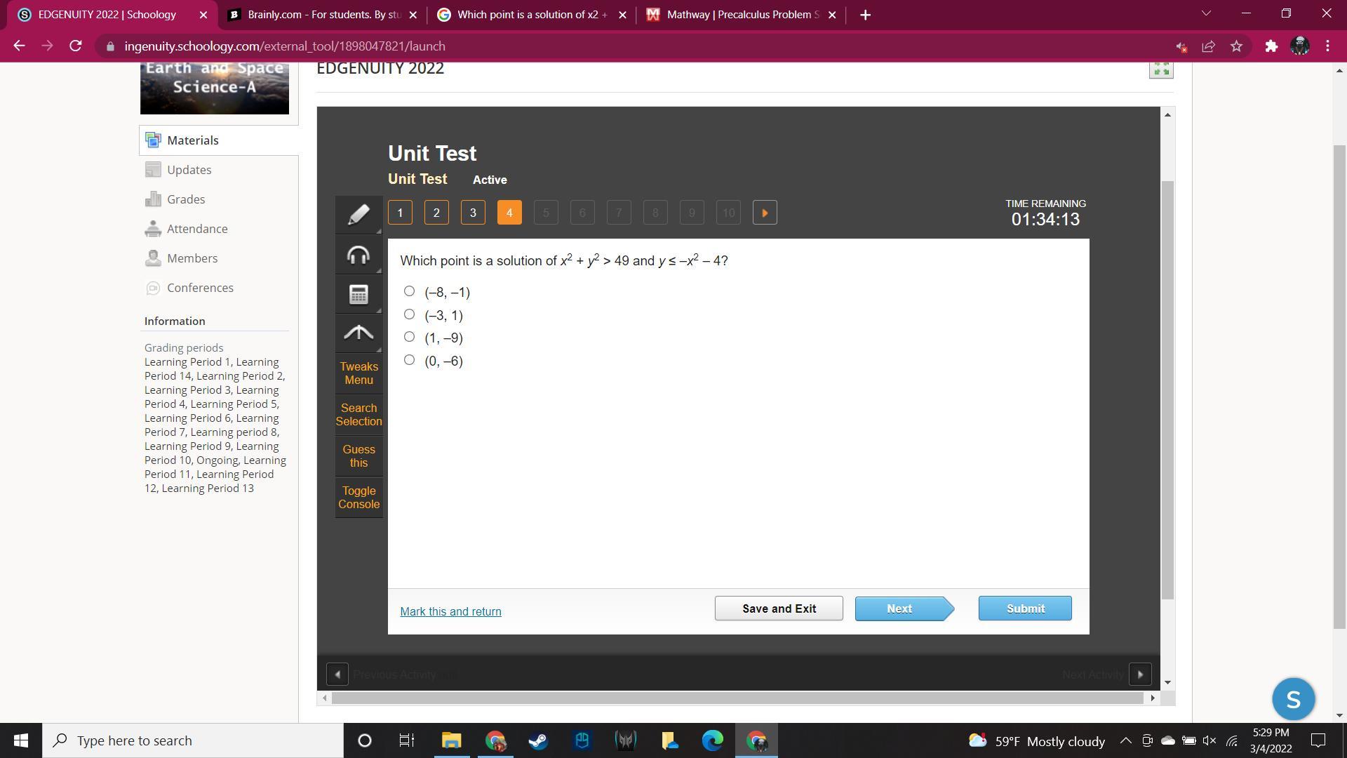 Which point is a solution of x^2 + y^2 &gt; 49 and y x^2 4 ? A. (8, 1)B. (3, 1)C. (1, 9)D. (0, 6)
