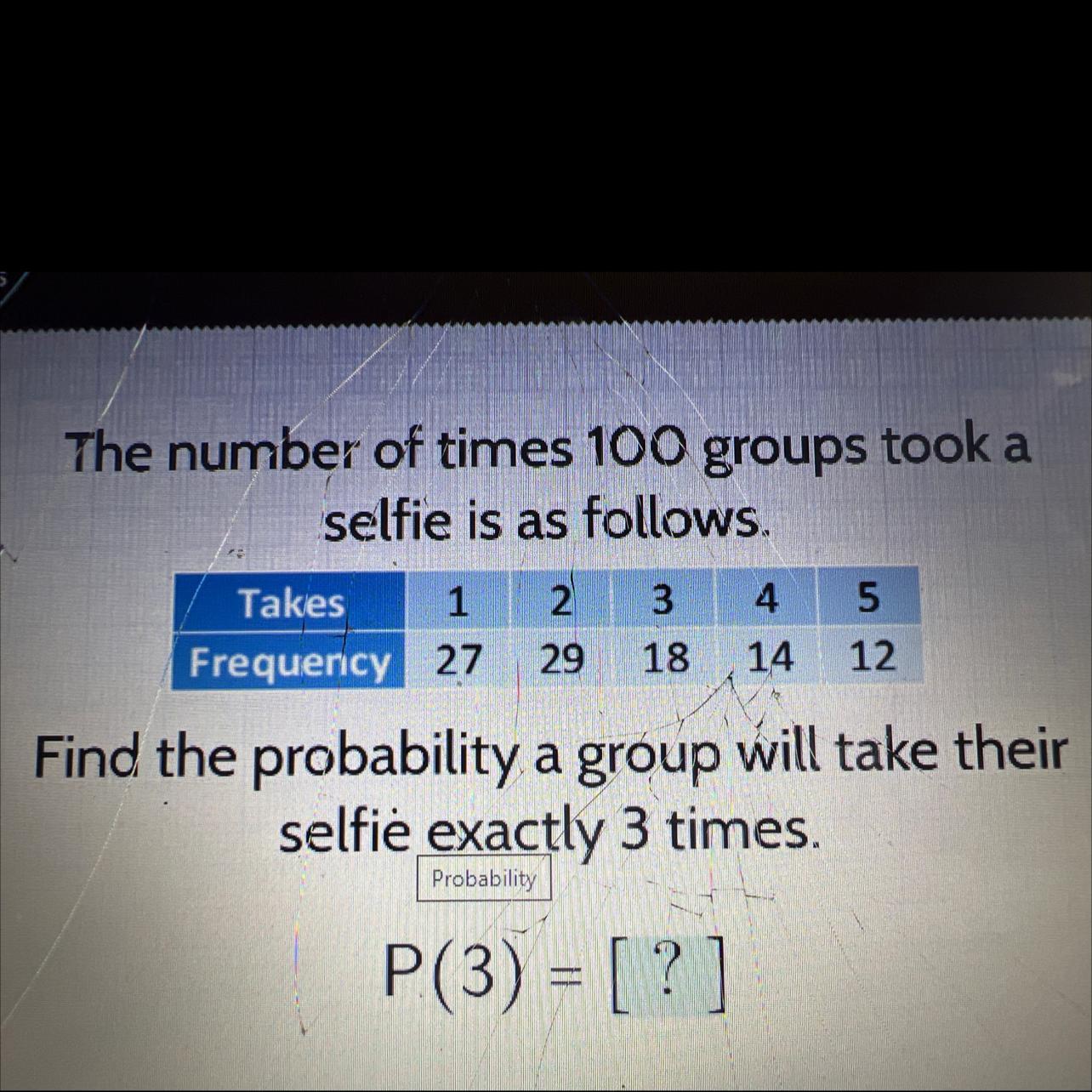 The number of times 100 groups took aselfie is as follows.Takes1 2 34Frequency 27 29 18 14512Find the