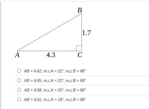 Find the unknown measures. Round lengths to the nearest hundredth and angle measures to the nearest degree.