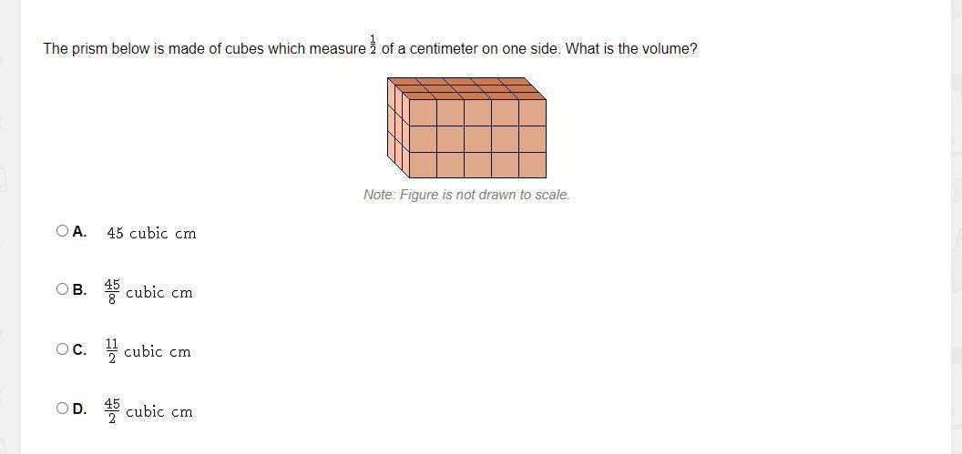 The prism below is made of cubes which measure 1/2 of a centimeter on one side. What is the volume?