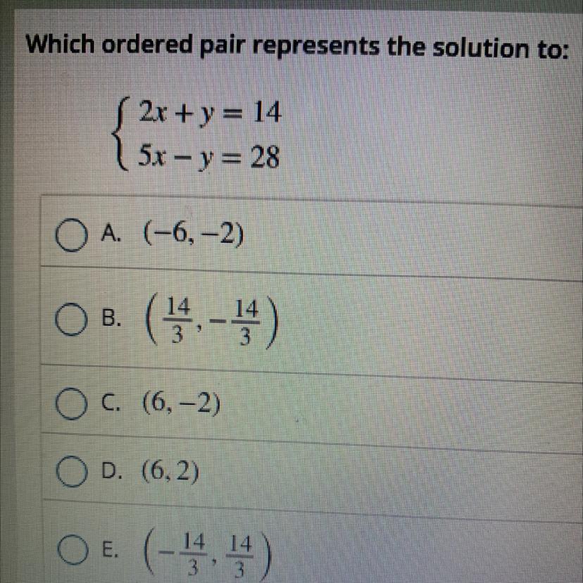  (2x + y = 145x - y = 28Which ordered pair represents the solution 