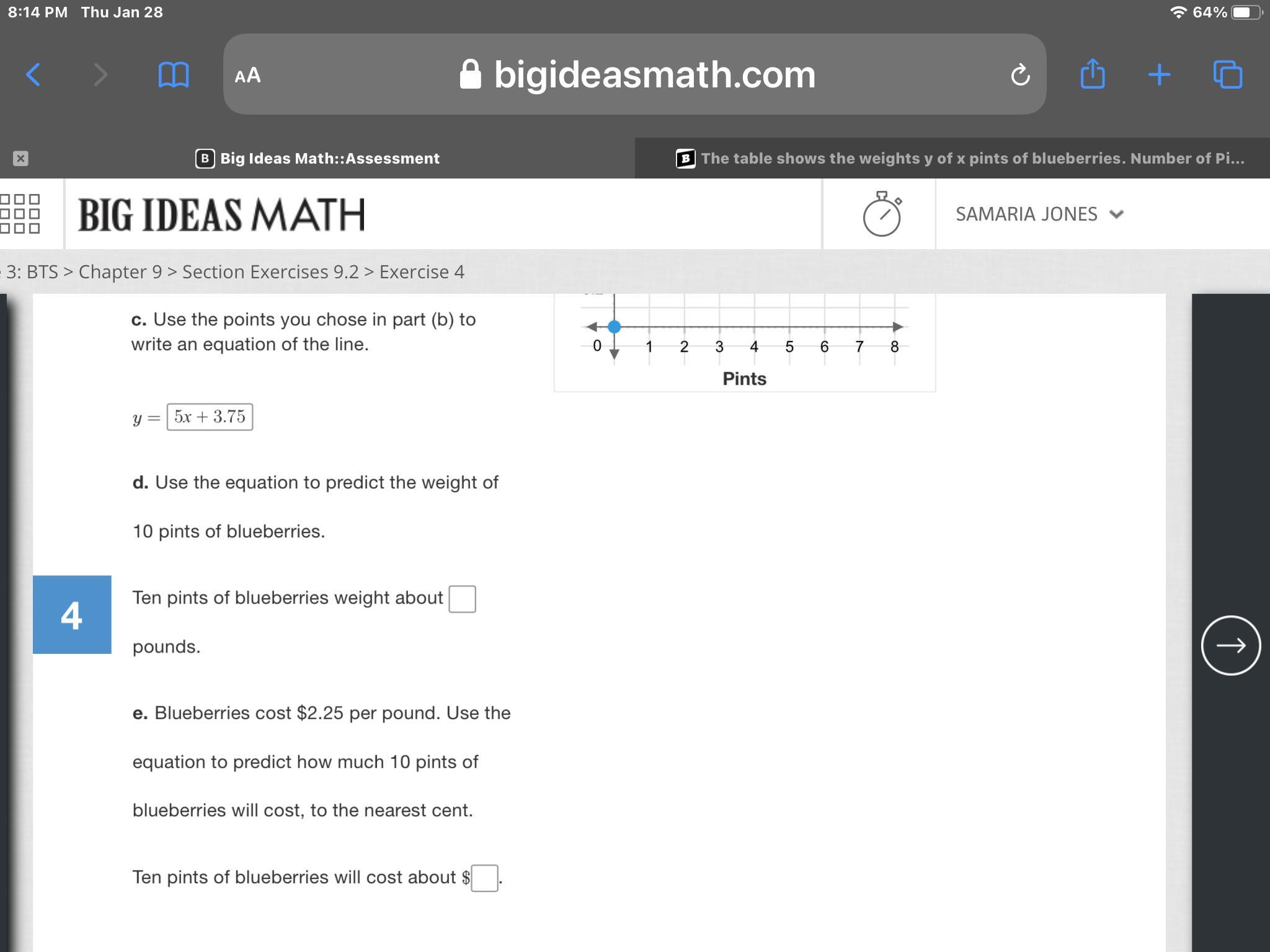 The Table Shows The Weights Yof Xpints Of Blueberries.Number Of Pints, X0 1 2 3 4 5Weight (pounds), Y0