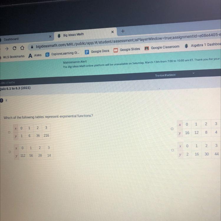 Which of the following tables represent exponential functions?