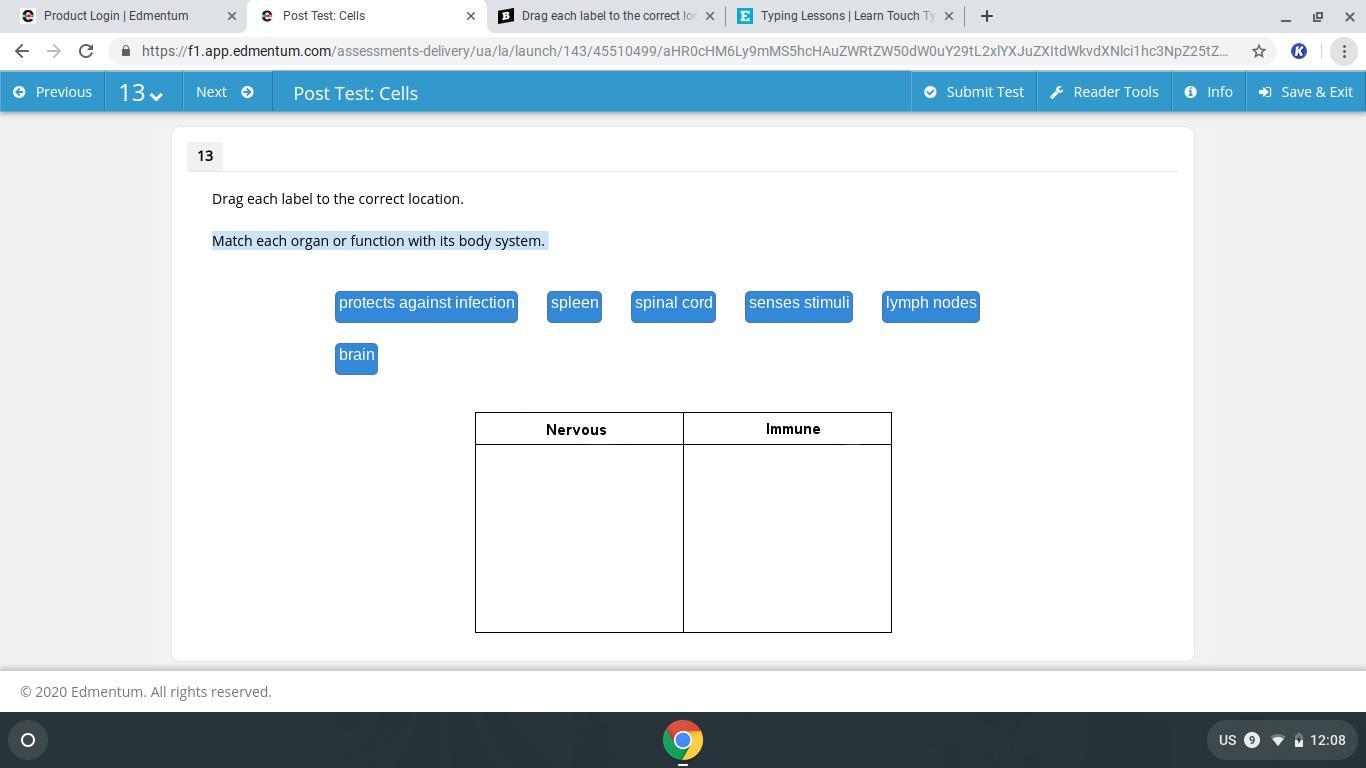 Match each organ or function with its body system.