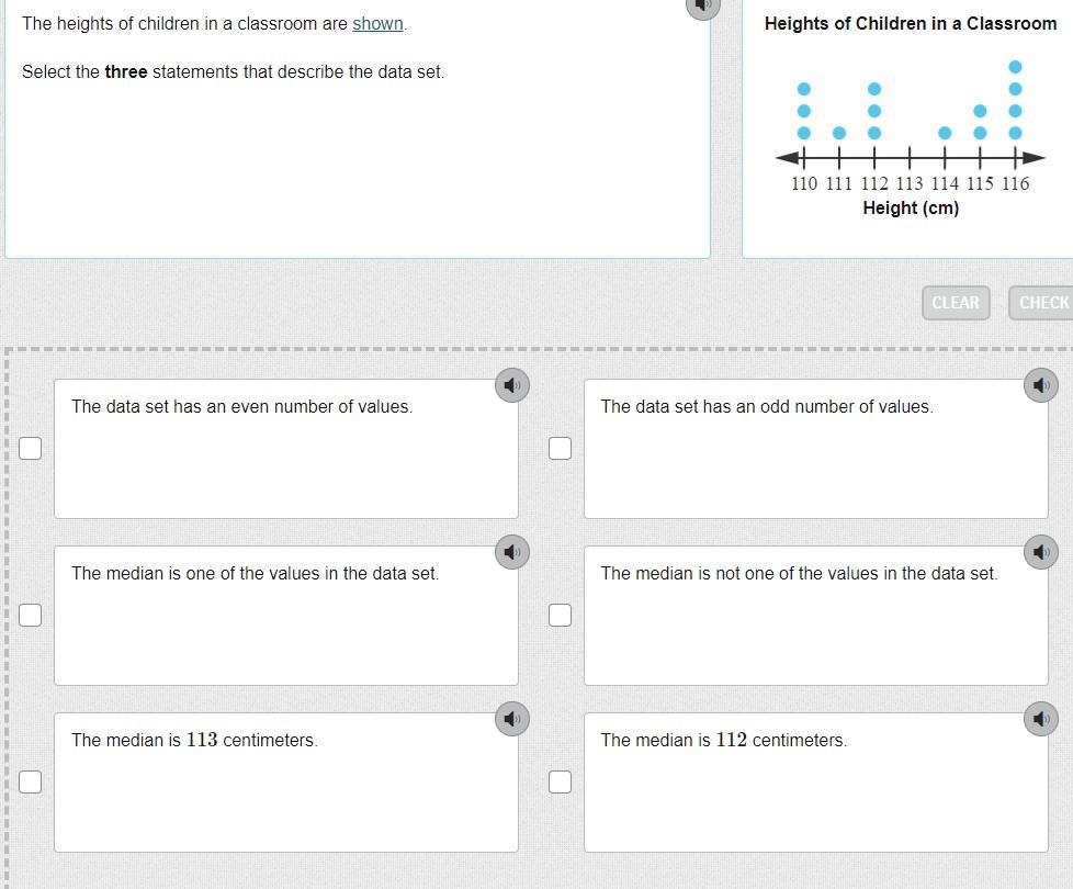 The heights of children in a classroom are shown.Select the three statements that describe the data set.
