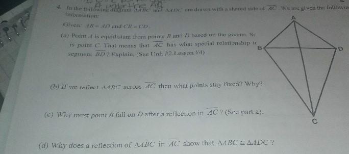 d) Why does a reflection of a triangle ABC in /AC show that triangle ABC=triangle ADC?