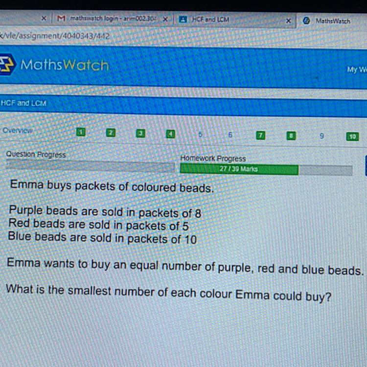 Emma Buys Packets Of Coloured Beads.Purple Beads Are Sold In Packets Of 8Red Beads Are Sold In Packets