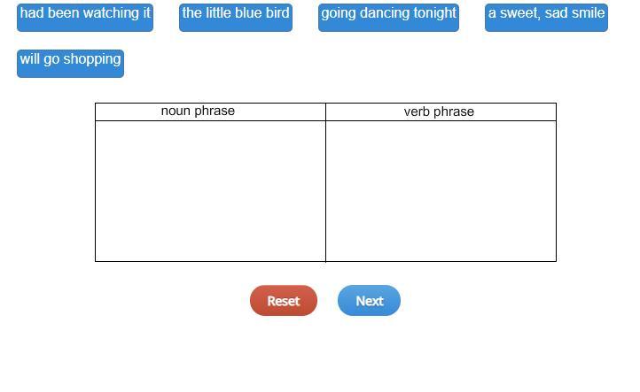 Match each phrase with its correct phrase type.