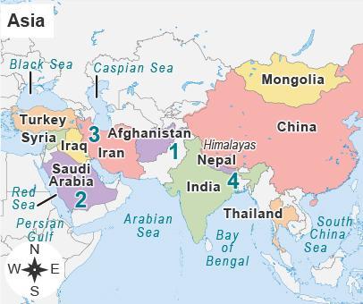 Review the map of Asia.A map titled Asia with labels 1 through 4. 1 is between Afghanistan and India.
