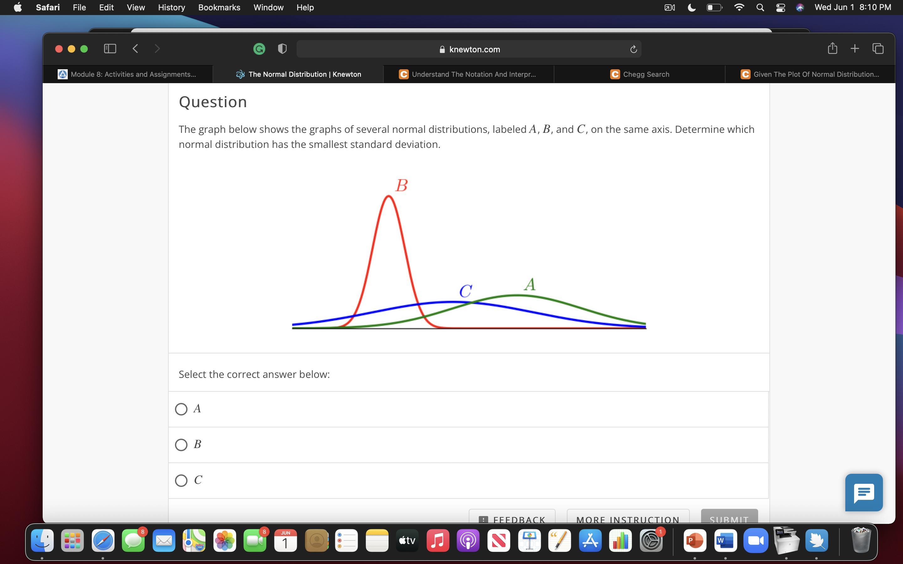QuestionThe graph below shows the graphs of several normal distributions, labeled A, B, and C, on the