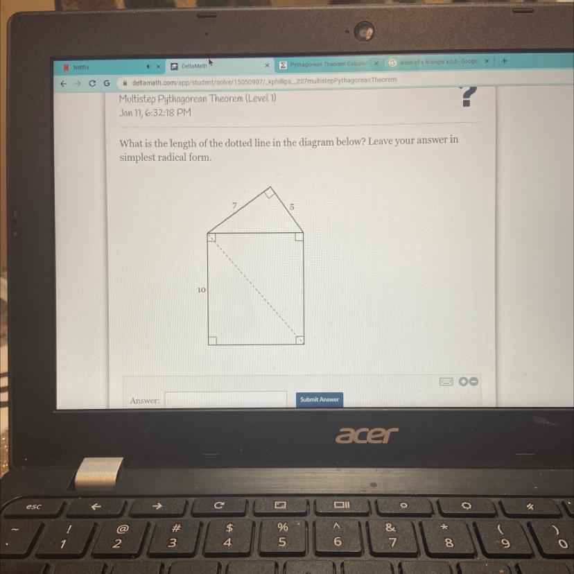 What is the length of the dotted line in the diagram below? Leave your answer insimplest radical form.510