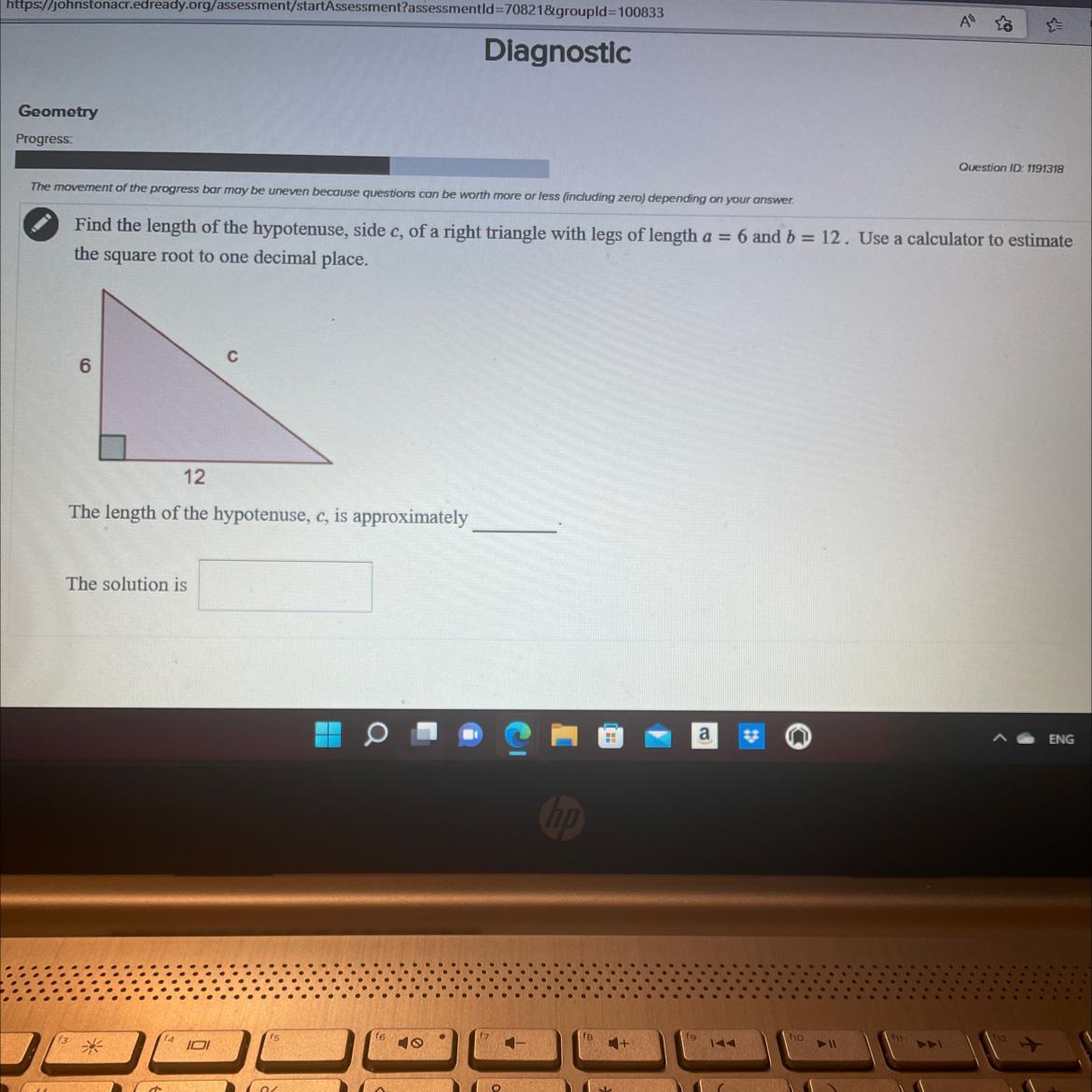 Find the length of the hypotenuse, side c, of a right triangle with legs of length a = 6 and b = 12.