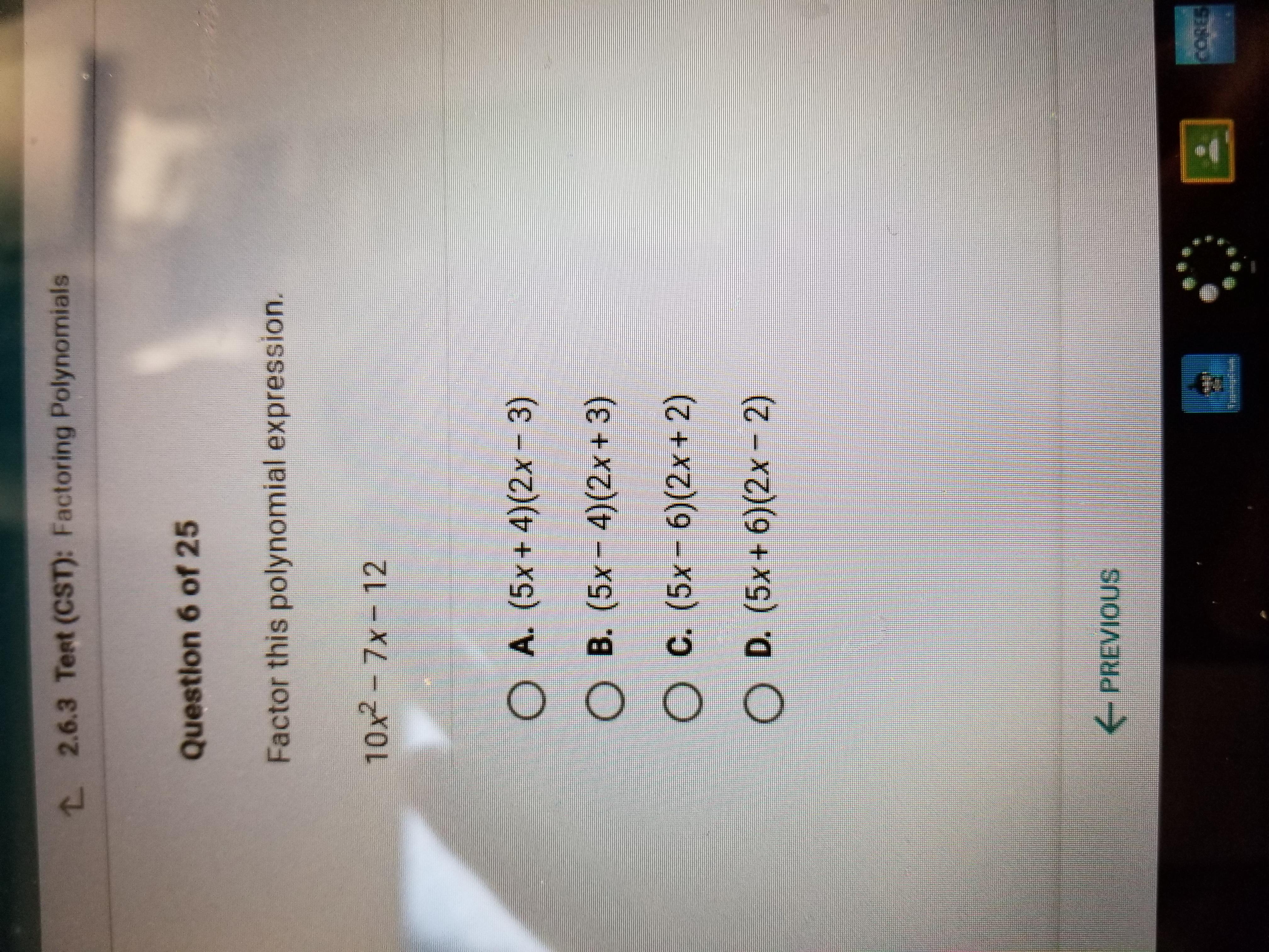 Factor this polynomial expression 10x^2-7x-12