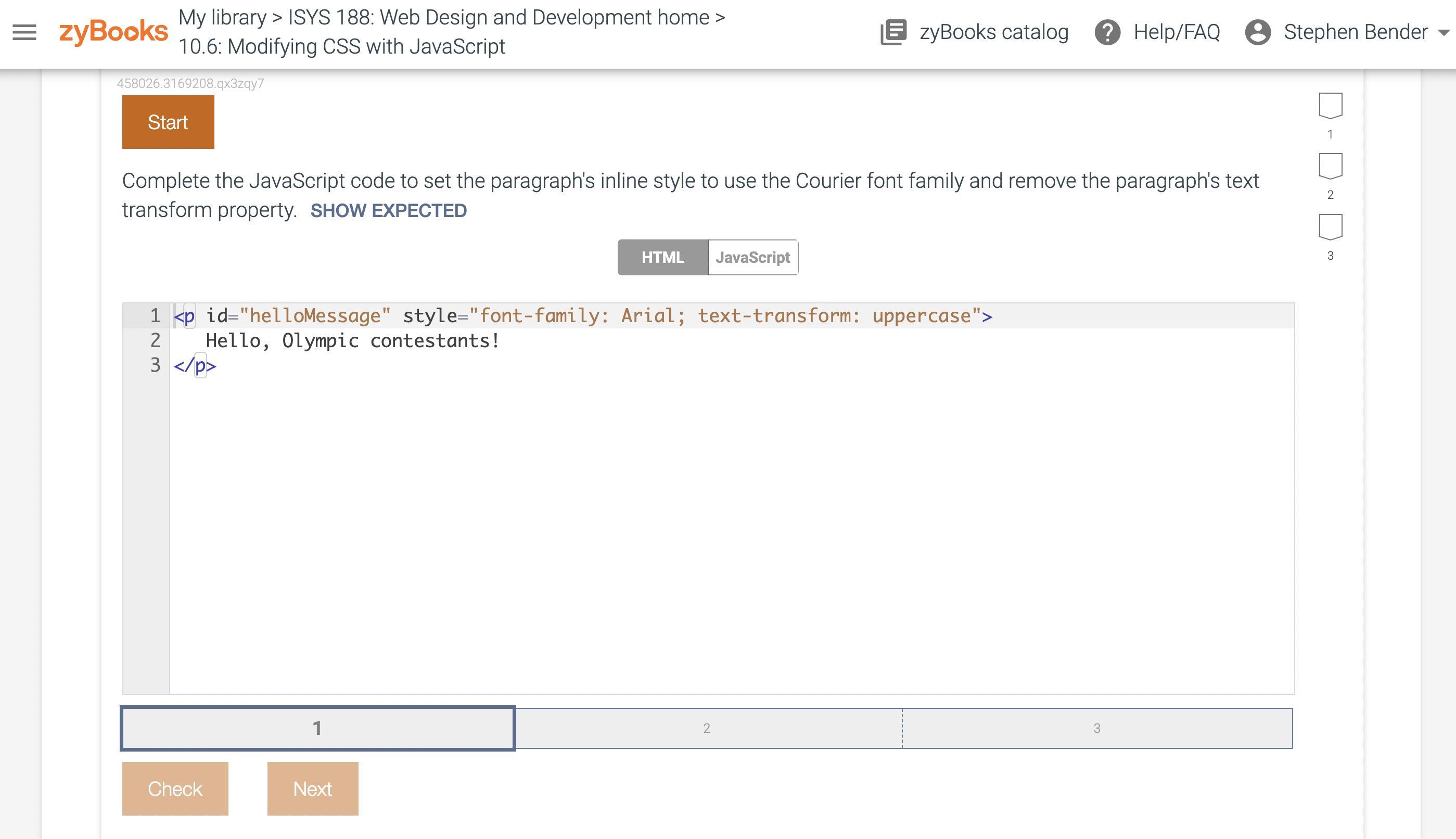Complete the JavaScript code to set the paragraph's inline style to use the Courier font family and remove