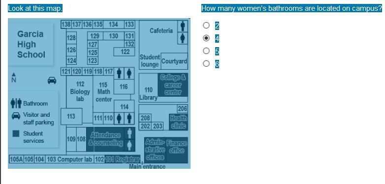 Look at this map.How many womens bathrooms are located on campus?2456