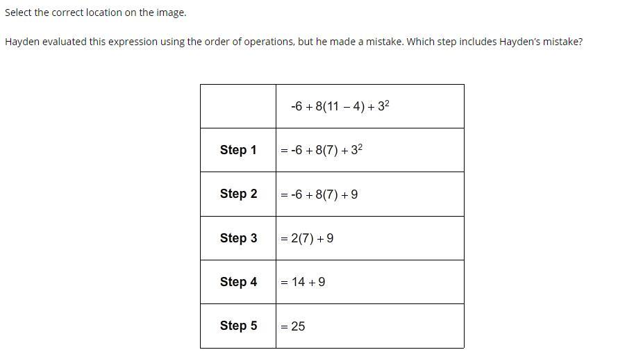 Select the correct location on the image.Hayden evaluated this expression using the order of operations,