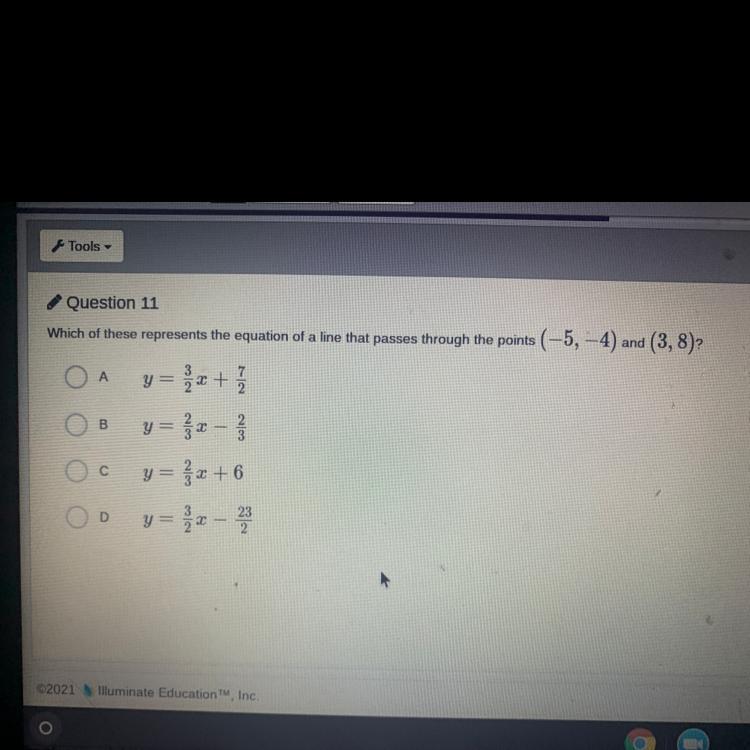 Which of these represents the equation of a line that passes through the points (-5, -4) and (3, 8)?A3y