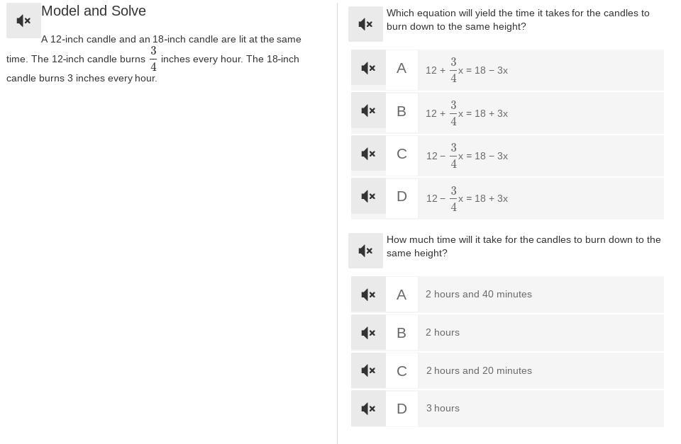 Which equation will yield the time it takes for the candles to burn down to the same height?How much