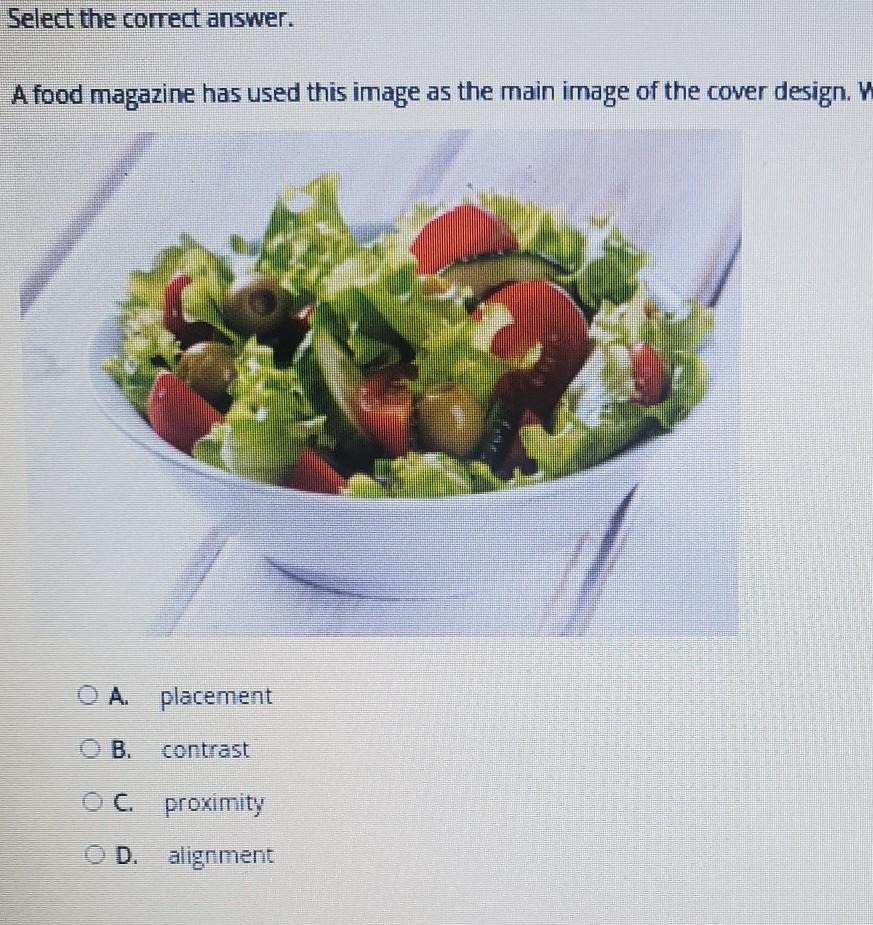 Select the correct answer. A faod magazine has used this image as the main image of the cover design.
