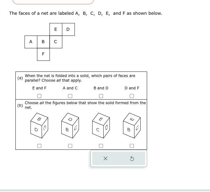 The faces of a net are labeled A, B, C, D, E, and F as shown below.