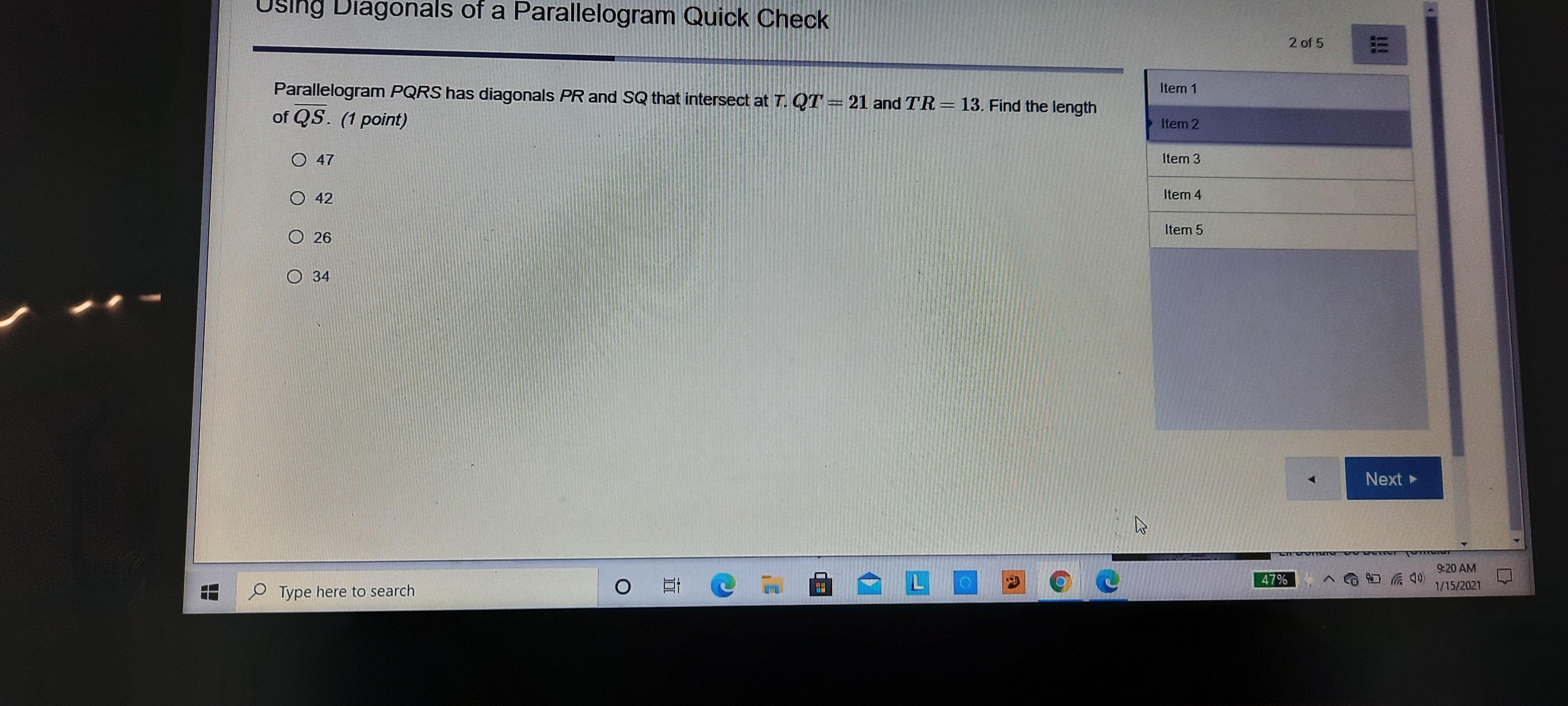 parallelogram QRS has diagonals PR and SQ that intersect at T QT equals 21 and TR equals 13 find the