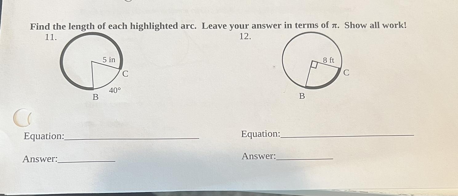 Find The Length Of Each Highlighted Area Of Number 11. Leave Answer In Terms Of Pi 