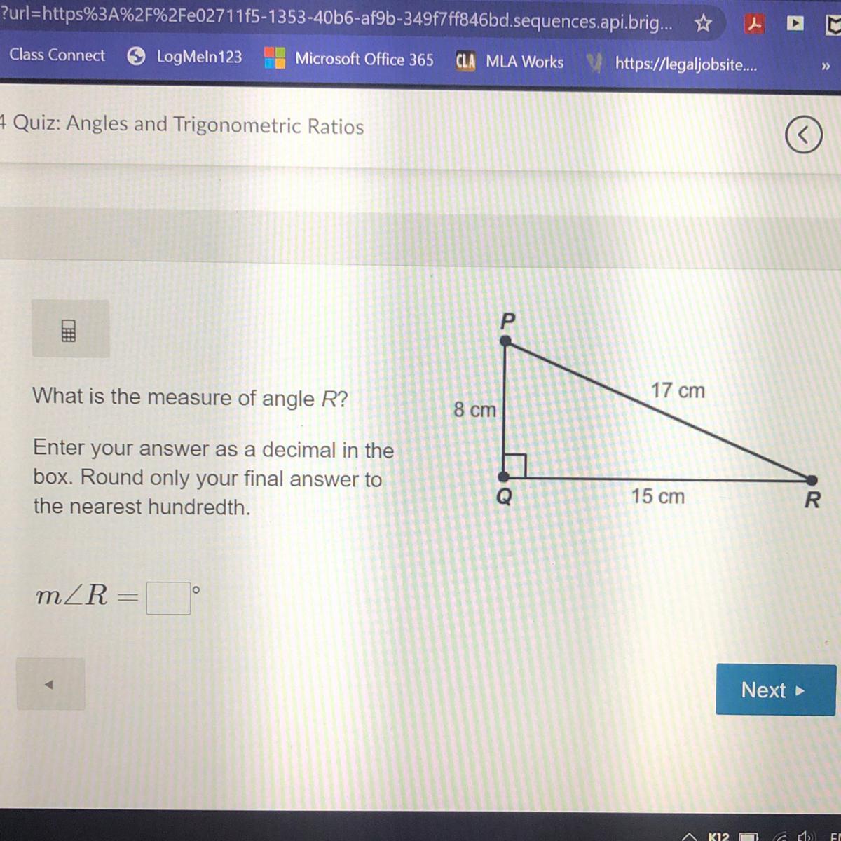 What is the measure of angle R?Enter your answer as a decimal in thebox. Round only your final answer