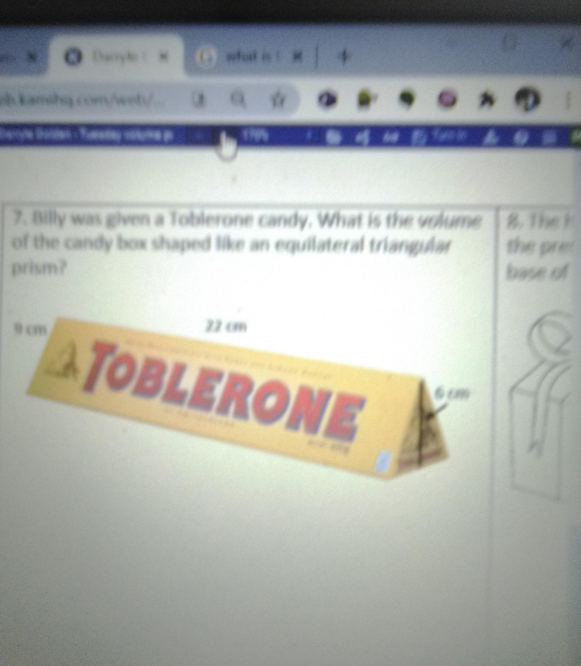 billy was given a Toblerone candy. what is the volume of the candy shaped like and equilateral triangular