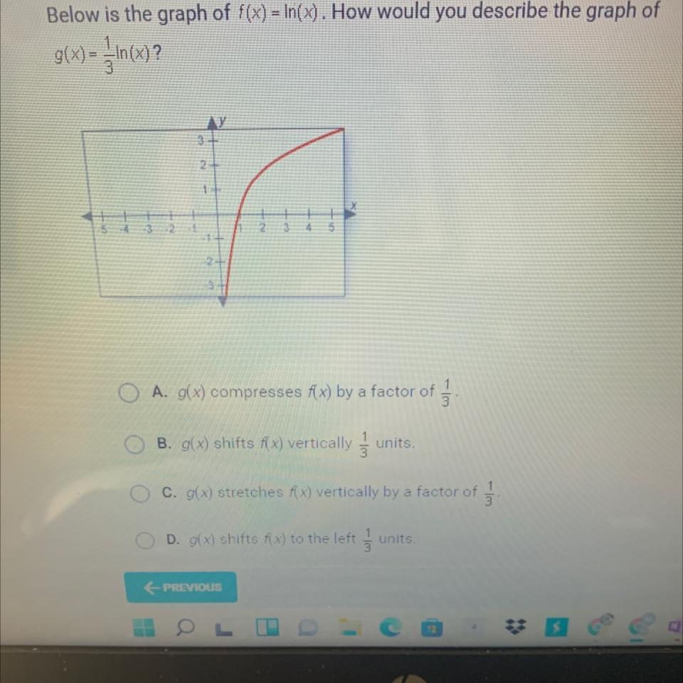 Below is the graph of f(x) = In(x). How would you describe the graph of902)gin(x)?WY321+23A. g(x) compresses