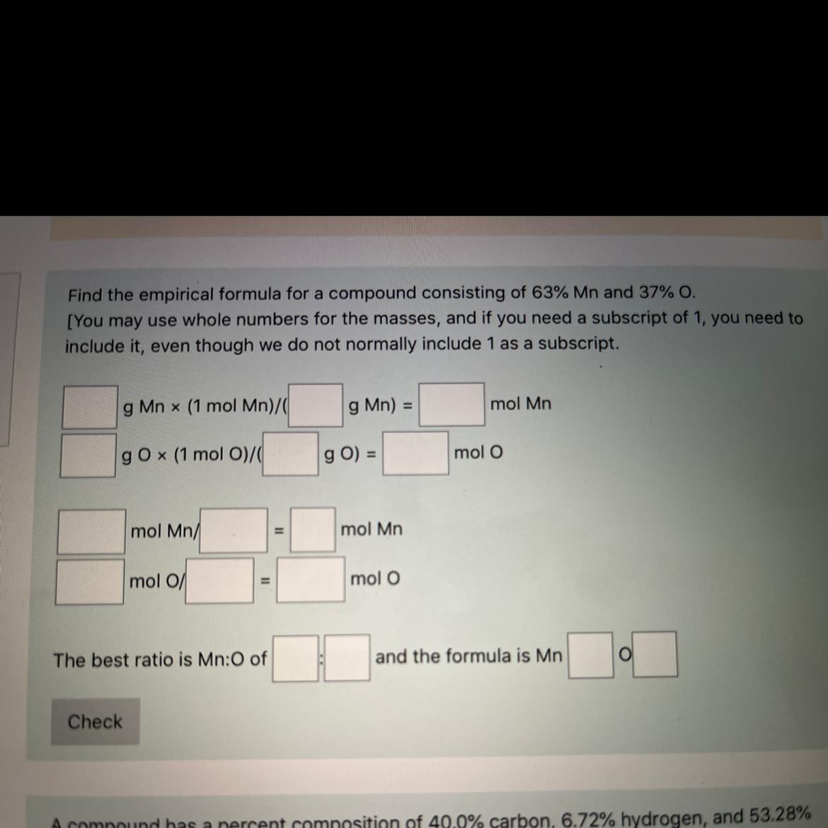 Find the empirical formula for a compound consisting of 63% MN and 37% O. 