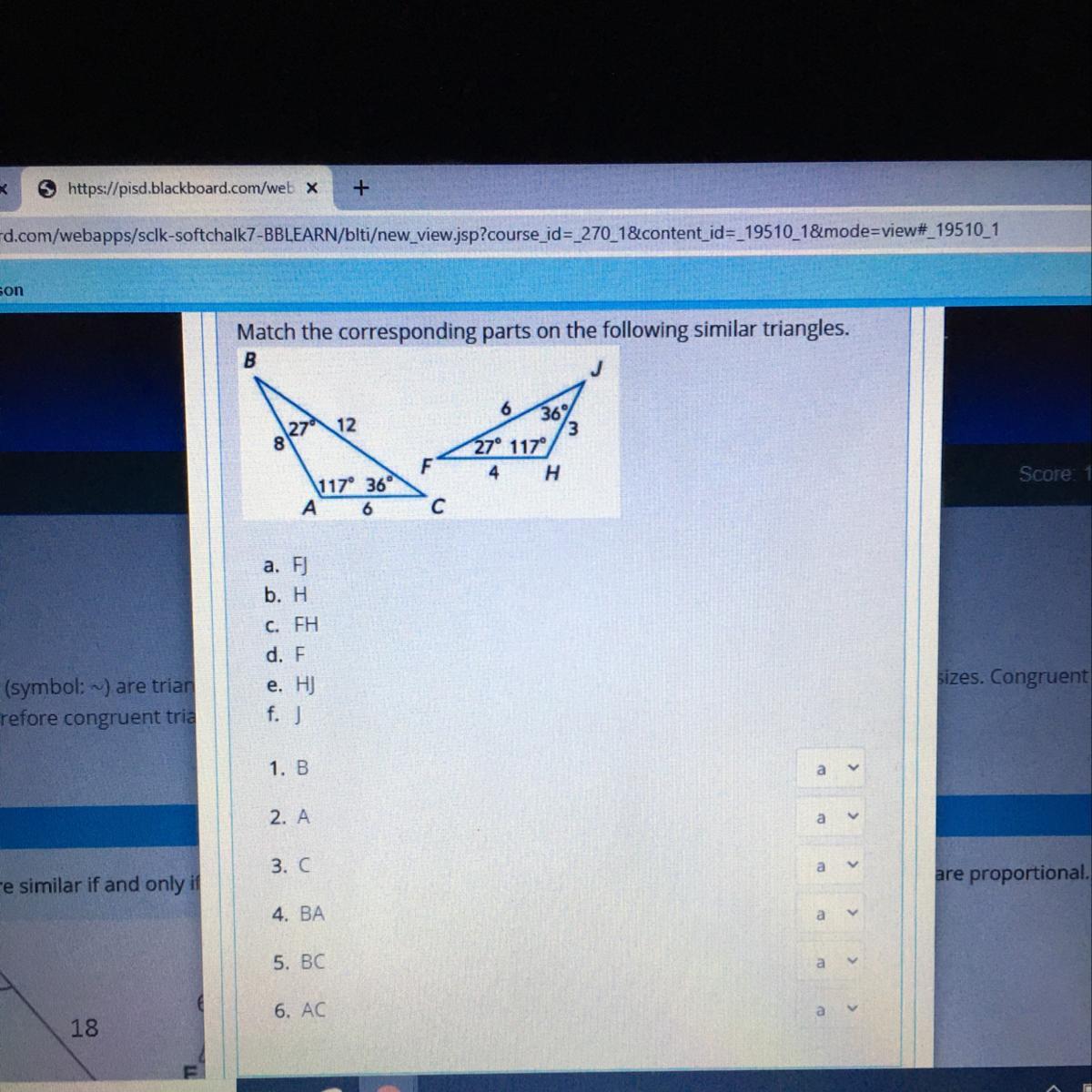 Match the corresponding parts on the following similar triangles