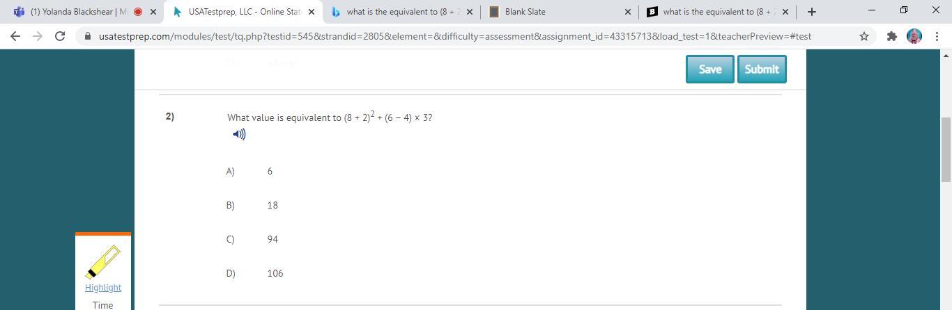 what is the equivalent to (8 + 2)exponent 2+ (6-4)x3
