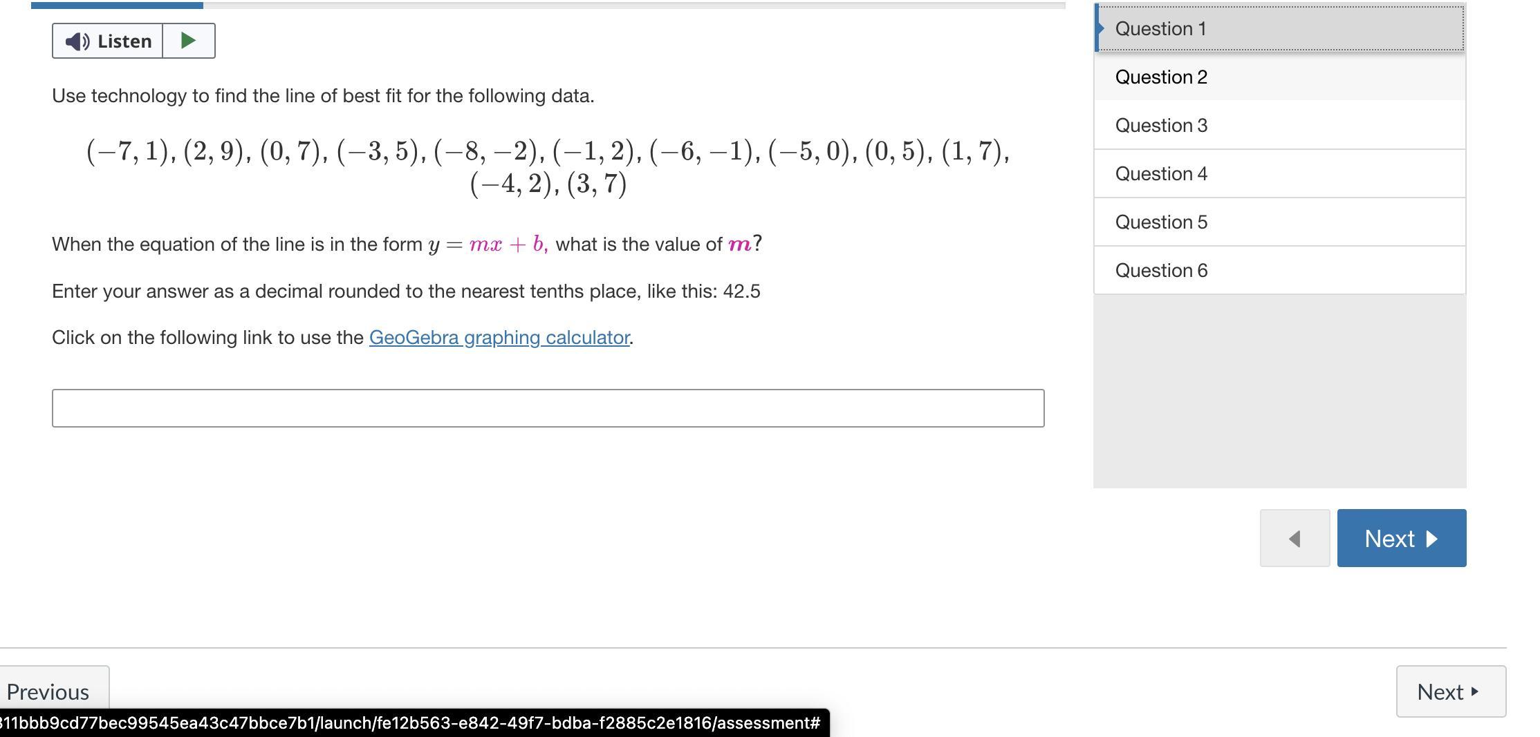 Use technology to find the line of best fit for the following data. (7,1), (2,9), (0,7), (3,5), (8,2),