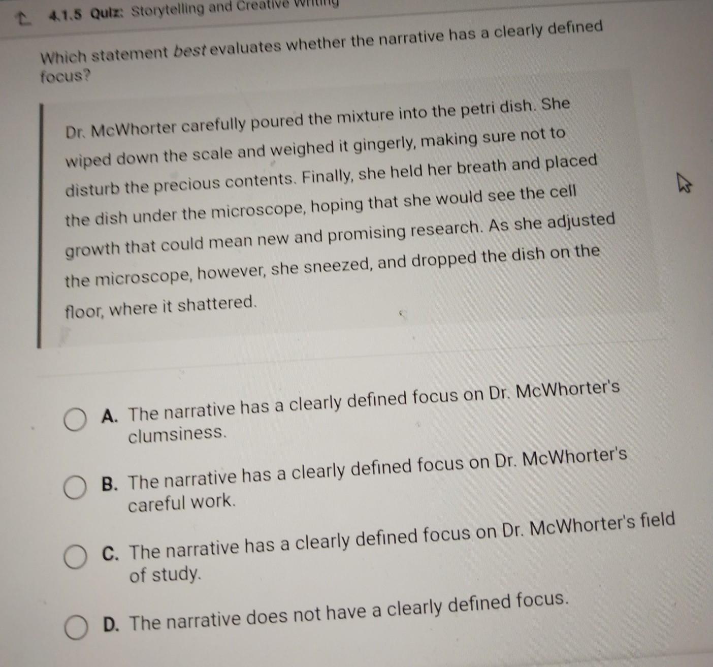 HELP ASAP WILL GIVE BRAINLIEST IF ANSWER IS CORRECT Which statement best evaluates whether the narrative