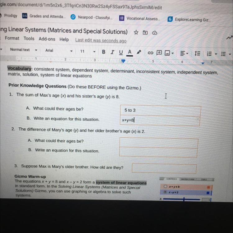 The difference of Mary's age (y) and her older brother's age (x) is 2.