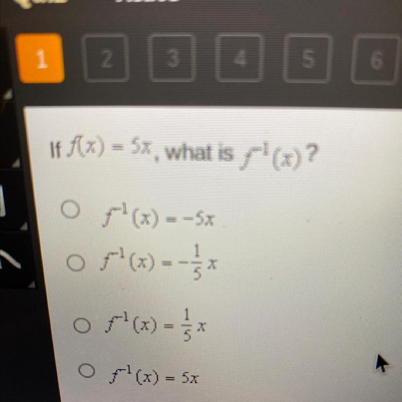 If f(x) = 5x, what is '(x)?=OF(x) = -5x-o (x) = -51=1F(71O xor?(x) = 5*Of(x) = 5x
