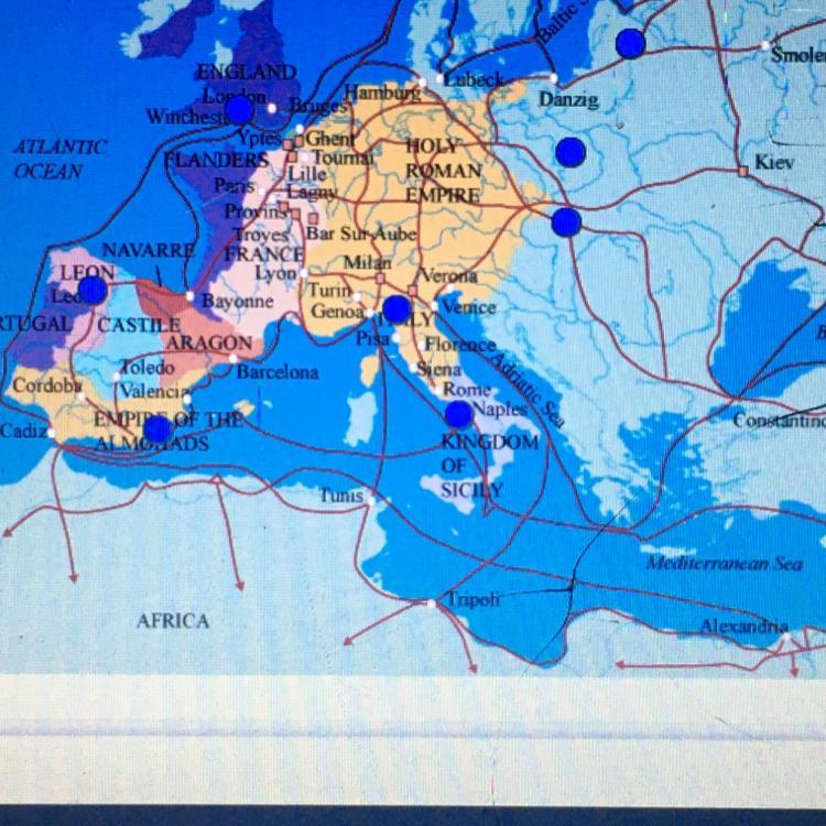 Which of the highlighted locations (marked blue) would have had the greatest chance of escaping the bubonic