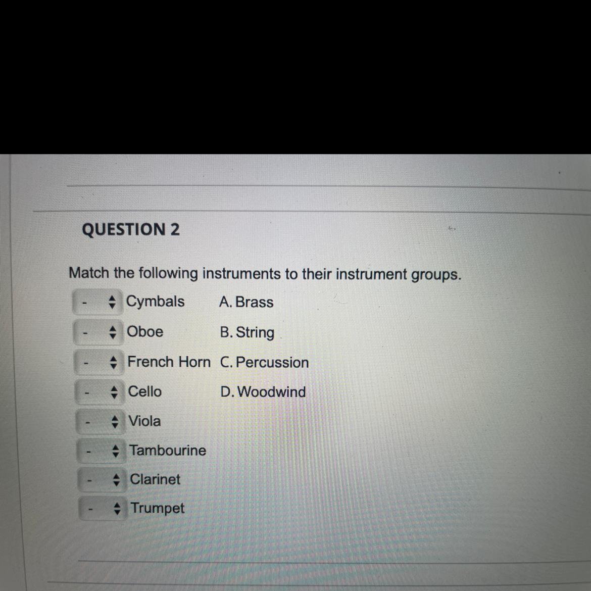 Match the following instruments to their instrument groups.