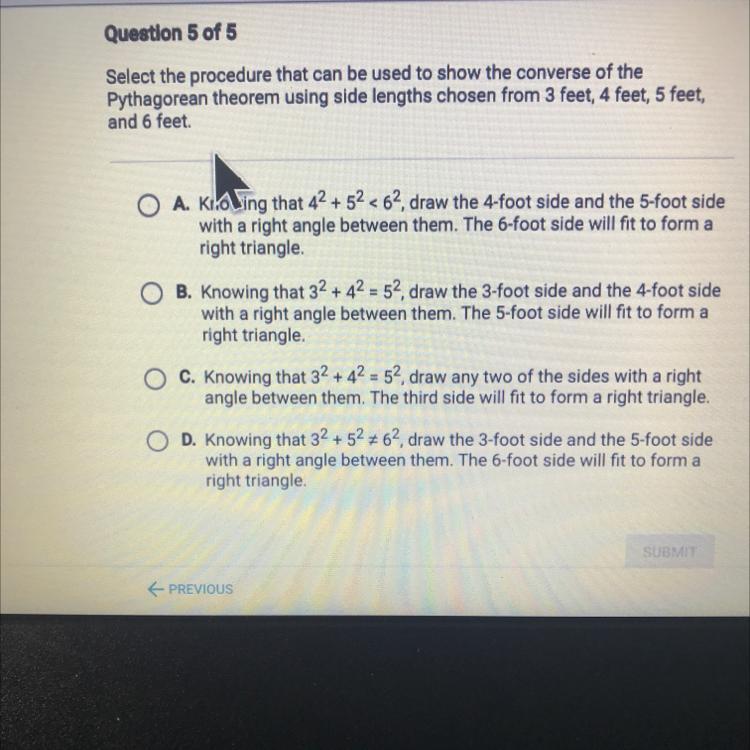 Select the procedure that can be used to show the converse of the Pythagorean theorem using side links