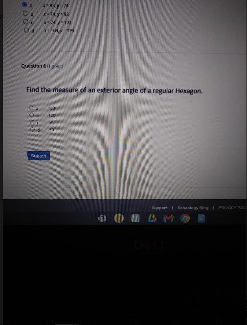 Question 6 (1 point) Find the measure of an exterior angle of a regular Hexagon. Oa 120 ob Od od 50 60