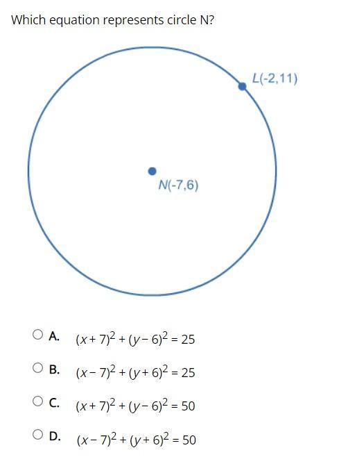 WILL GIVE BRAINLIESTWhich equation represents circle N?A. (x + 7)2 + (y 6)2 = 25B. (x 7)2 + (y + 6)2
