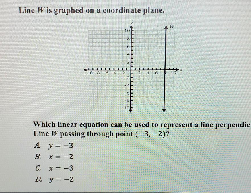 Which linear equation can be used to represent a line perpendicular to Line W passing through point (-3,-2)?line