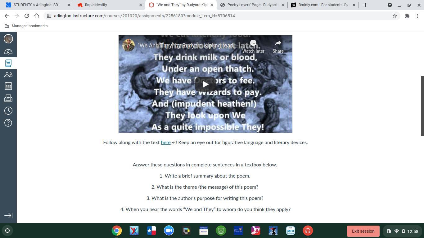 Can some one help /do this for meThe story is We ans They By Rudyard Kipling Heres the link : https://www.poetryloverspage.com/poets/kipling/we_and_they.html