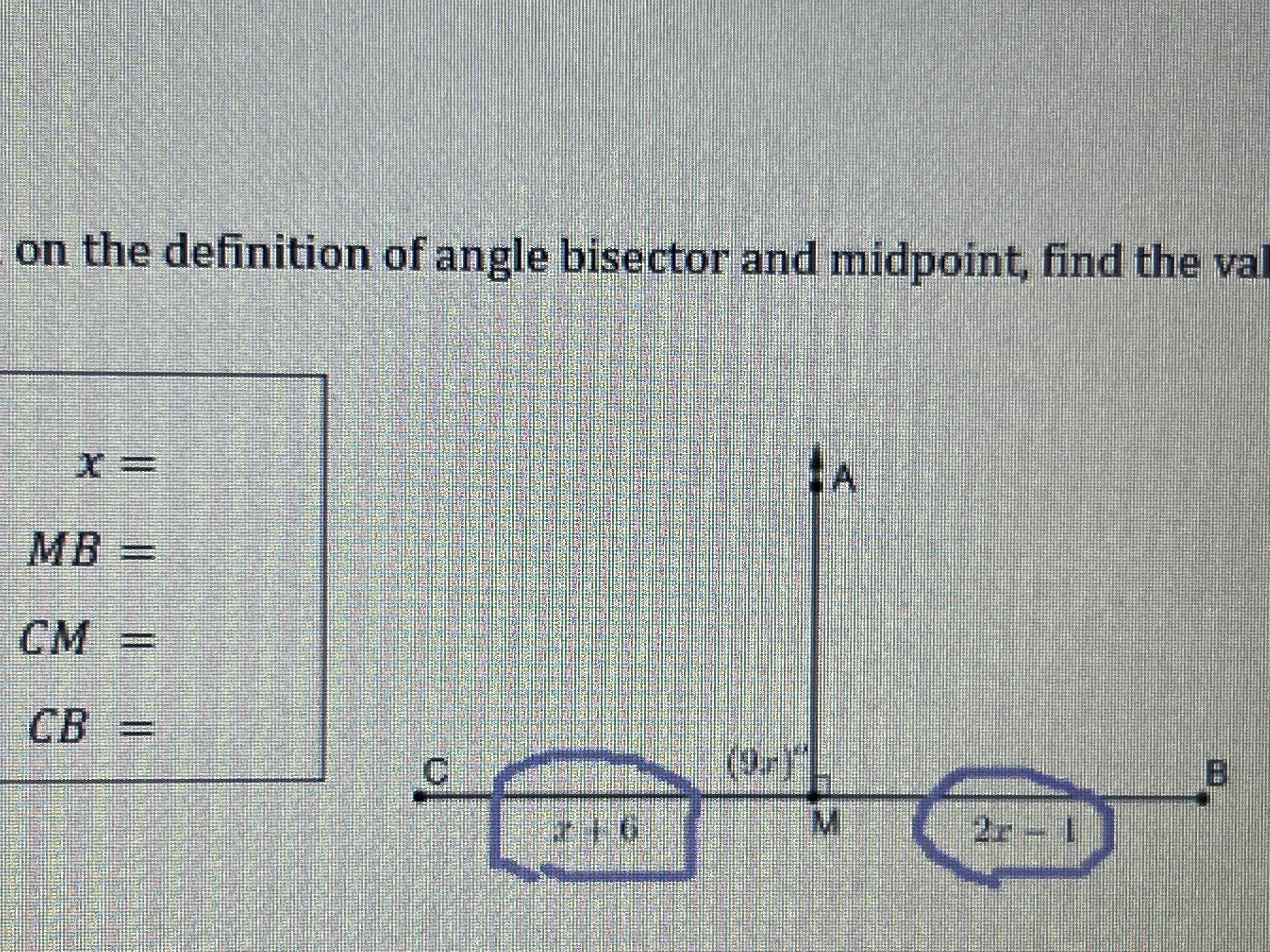 Geometry question I need help finding the x, MB, CM, and CB