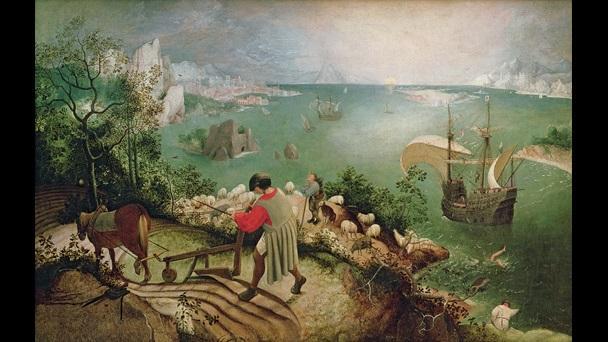 Write a summary capturing what you see in the painting. "Landscape with the Fall of Icarus"